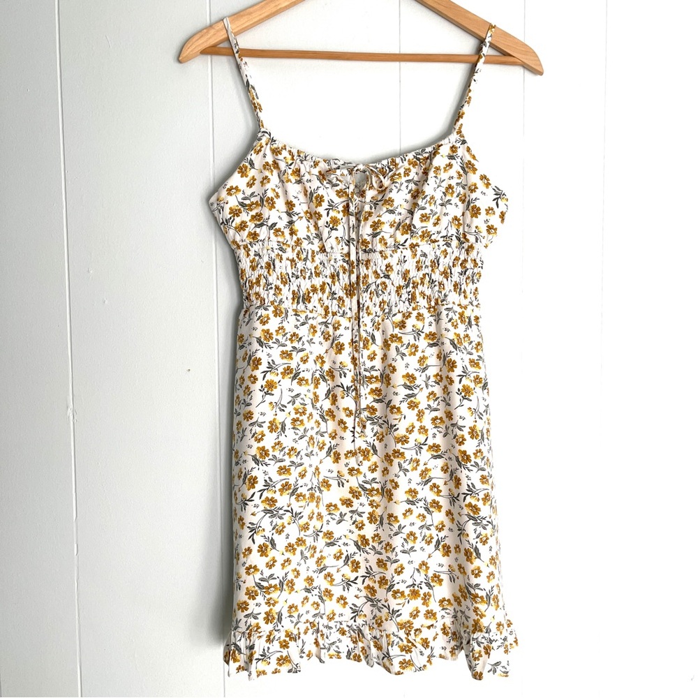 Böhme Yellow Floral Mini Dress – Smocked Waist, Spaghetti Straps – Size M